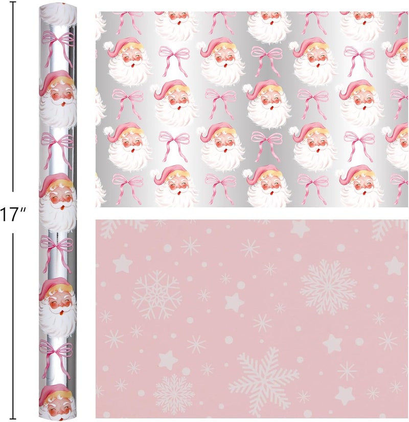 MAYPLUSS Christmas Wrapping Paper Roll - 17 Inch X 33 Feet - Pink Cute Bow Santa Claus Reversible Snowflake Gift Wrapping Paper, Thick Wrap Paper for Holiday Party New Year Kids - Image 4